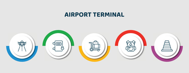 editable thin line icons with infographic template. infographic for airport terminal concept. included landing runway, airpot cupboard, luggage trolley, book bag with pockets, road cone icons.