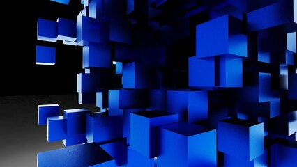 A set of many metallic blue cubes that are collapsing under black lighting background. Conceptual 3D CG of blockchain, financial system and personal data analysis.