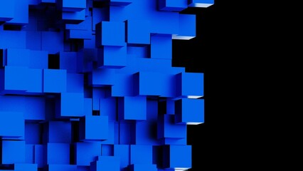 A set of many metallic blue cubes that are collapsing under black lighting background. Conceptual 3D CG of blockchain, financial system and personal data analysis.