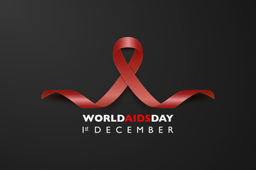 World AIDS Day Banner - Aids Awareness Red Silk Ribbon on Black Horizontal Background. Aids Day Concept. Design Template for 1st December Poster, Placard, Card, Aids Awareness