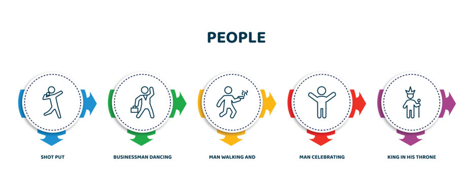 editable thin line icons with infographic template. infographic for people concept. included shot put, businessman dancing, man walking and smoking, man celebrating, king in his throne icons.