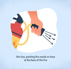 Fire extinguisher instruction. Point hose towards fire, safety and infographics. Information poster or banner for website. Emergency prevention, graphic element. Cartoon flat vector illustration