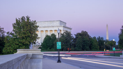 Long exposure of traffic around the Lincoln Memorial during sunset