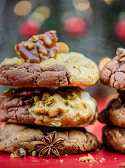 chocolate cookies with Christmas lights  background