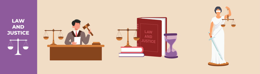 Stern judge with paper document pronouncing sentence in a court of law, Scale of judge, Law book and Lady justice. Law set concept. Flat vector illustrations isolated. - obrazy, fototapety, plakaty