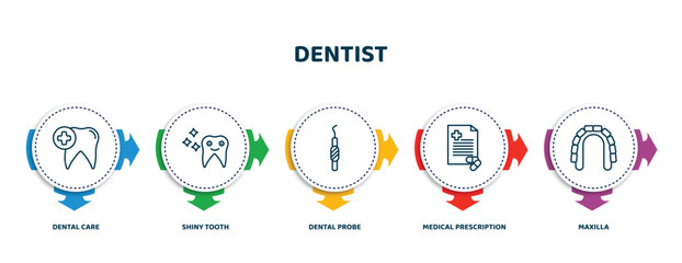 editable thin line icons with infographic template. infographic for dentist concept. included dental care, shiny tooth, dental probe, medical prescription, maxilla icons. © IconArt