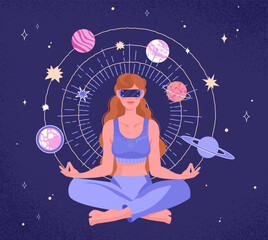 Woman in metaverse. Young girl sits in VR glasses in lotus position at backdrop of starry sky. Modern technologies and digital world. Gadgets and devices, innovation. Cartoon flat vector illustration