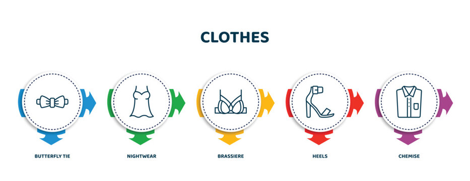 editable thin line icons with infographic template. infographic for clothes concept. included butterfly tie, nightwear, brassiere, heels, chemise icons.
