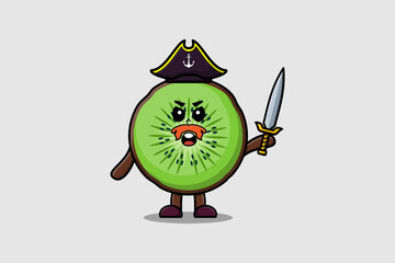 Cute cartoon mascot character Kiwi fruit pirate with hat and holding sword in modern design