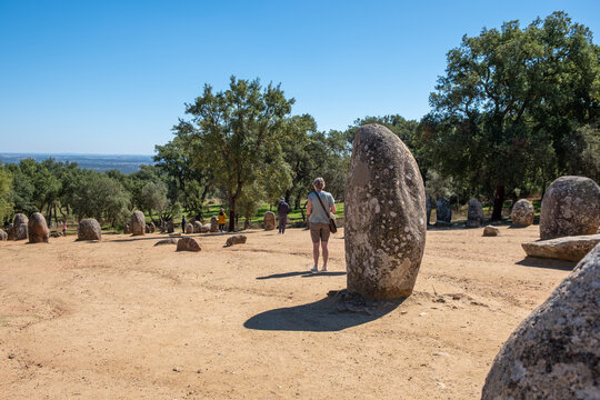 Almendres Cromlech (Cromeleque dos Almendres) near Evora, Alentejo, Portugal, Europe. The Ebora Megalithica in Evora.