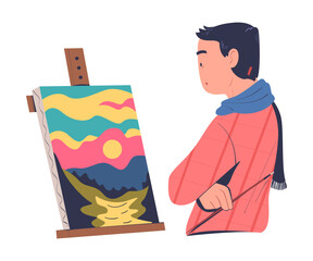 Man Character Drawing Nature Landscape Standing in Front of Easel Looking on Canvas Vector Illustration
