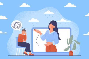 Online therapy concept. Woman helps man to understand himself, video conference. Modern technologies and digital world. Gadgets and devices. Poster or banner. Cartoon flat vector illustration