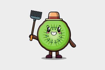 Cute cartoon Agricultural worker Kiwi fruit with pitchfork vector image cute modern style design 