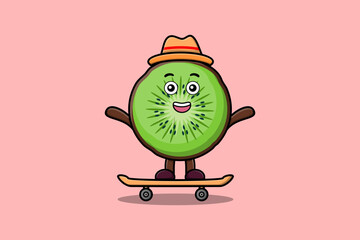 cute cartoon Kiwi fruit standing on skateboard with cartoon vector illustration style