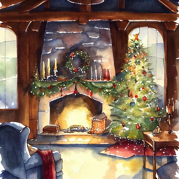 Painted watercolor Christmas scene in snow landscape. Christmas tree. December holiday season. Holiday illustration for design, print, fabric or background.