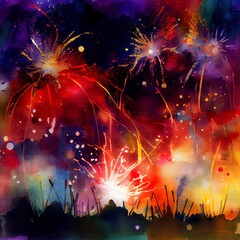Painted watercolor fireworks for new years celebration. December holiday season. Holiday illustration for design, print, fabric or background.