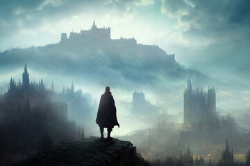 illustration de fantasy d'un personnage avec caep devant un paysage fantastique