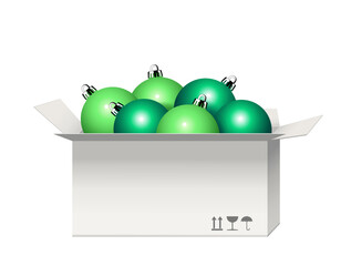 Karton mit Weihnachtskugeln aus Glas,
Weihnachtsdekoration aus grüne Glaskugeln,
Vektor Illustration isoliert auf weißem Hintergrund
