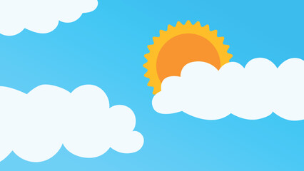Weather forecast abstract concept. Colorful poster with clear blue sky, sun and clouds. Warm weather or climate in spring or summer season. Template for print or app. Cartoon flat vector illustration