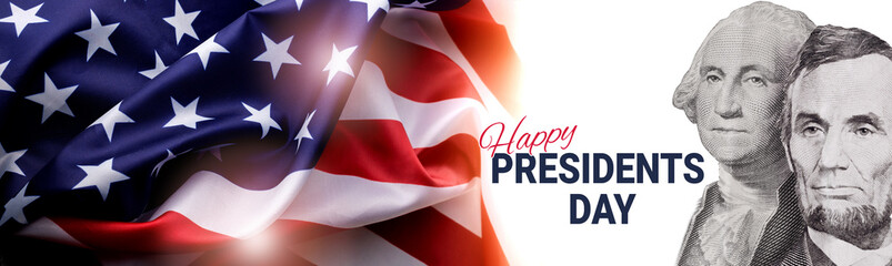 Collage of American Presidents portraits cut of Dollar bills. Happy Presidents Day Concept with the US National Flag