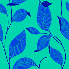 Luxury seamless pattern with striped leaves. Elegant floral background in minimalistic linear style. Trendy line art design element. Vector illustration.