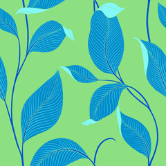Fototapeta premium Luxury seamless pattern with striped leaves. Elegant floral background in minimalistic linear style. Trendy line art design element. Vector illustration.
