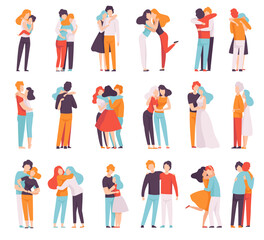 People Characters Hugging and Embracing Each Other Big Vector Illustration Set