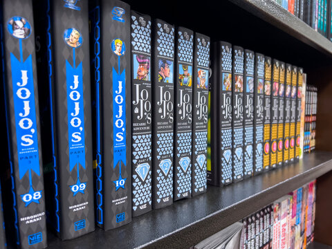 Woodinville, WA USA - circa November 2022: Close up selective focus on JoJo's Bizarre Adventure manga for sale inside a Barnes and Noble store.