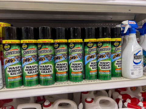 Seattle, WA USA - circa September 2022: Close up view of wasp and hornet killer spray for sale inside a Target store.