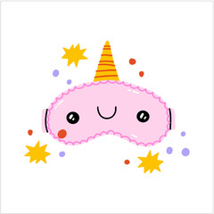 Cute sleep mask. Good night card. Adorable Unicorn pony  mask. Vector hand drawn isolated illustration for t-shirts, postcards, posters, prints.  Cozy accessory for evening relaxation, dreams.
