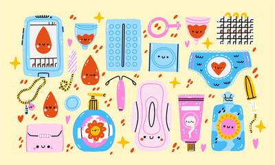 Menstruation theme. Period. Various feminine hygiene products. Zero waste objects. Panties, pads, cups. Menstrual protection, feminine hygiene. Hand drawn vector illustration. Elements are isolated