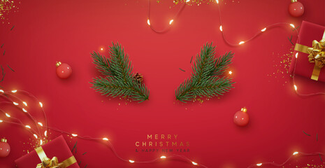 Obraz premium Christmas red background with realistic 3d decorative design elements. Festive Xmas composition flat top view of red gift boxes, glowing garland decorations, green tree branches. Vector illustration
