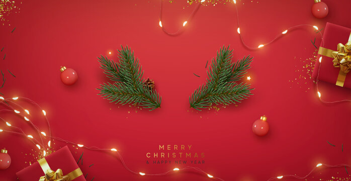 Christmas red background with realistic 3d decorative design elements. Festive Xmas composition flat top view of red gift boxes, glowing garland decorations, green tree branches. Vector illustration