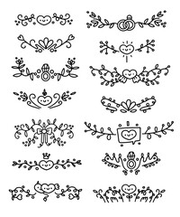 Obraz premium Set of red calligraphy vintage hearts, frames, arrows.Heart divider red line border set. Graphic love decorative element for design book page, text wedding invitation card, certificate elegant decor