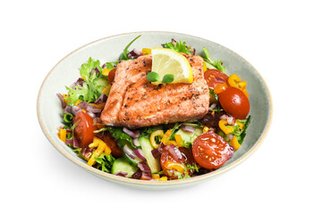 Bowl with tasty salmon piece, lemon and mixed vegetables on white background