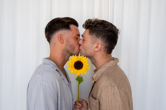 Beautiful Gay couple kissing over sunflower with white curtain background