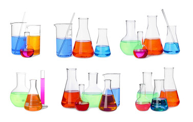 Set of different laboratory glassware with colorful liquids on white background. Banner design