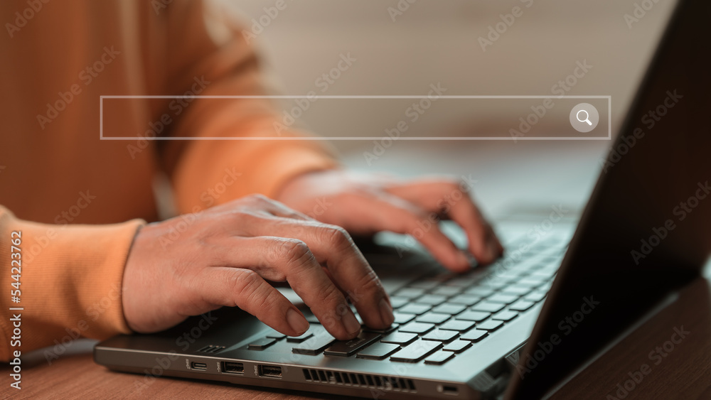 Poster Searching the Internet, browsing the web with an empty search bar. Search engine optimization SEO concept. Hand network of business people working with computer laptopon on office desk.