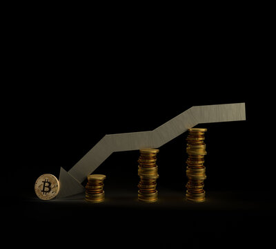 Coin money golden arrow down bitcoin btc symbol business economy graph chart stock recession stack inflation fail currency crisis  depression dollar cash bankrupt decrease debt exchange