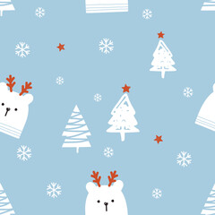 Christmas seamless pattern with bear cartoons, Christmas tree and snowflakes on blue background vector.