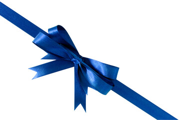 Blue gift ribbon and bow diagonal isolated transparent background photo PNG file