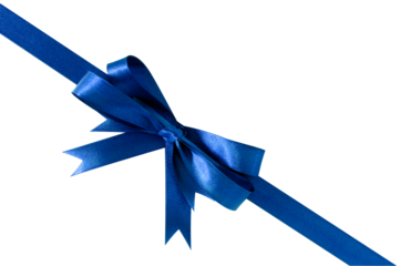Blue gift ribbon and bow diagonal isolated transparent background photo PNG file