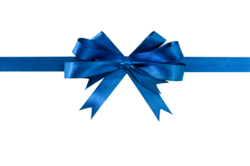 Blue gift ribbon and bow horizontal banner isolated transparent background photo PNG file