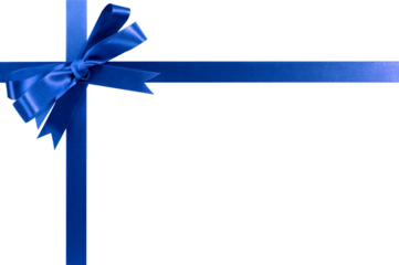 Blue gift ribbon and bow isolated horizontal transparent background photo PNG file