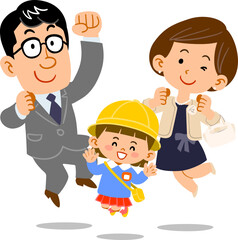 ジャンプする入園式の家族
