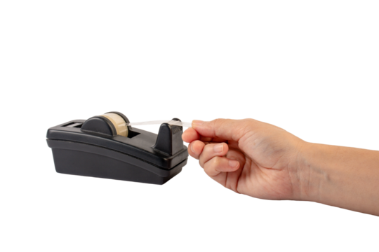 Hand holding and office stationary scotch tape dispenser isolate on transparent background. 