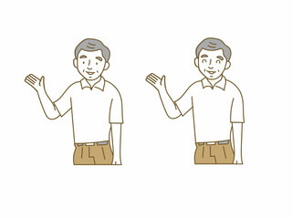 カジュアルな服装で片手を上げて案内するシニア男性の上半身のイラストセット