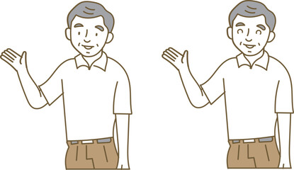 カジュアルな服装で片手を上げて案内するシニア男性の上半身のイラストセット