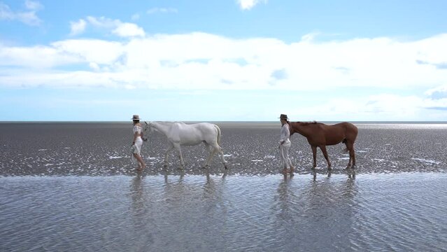 country lesbian brides walking horses in a row on beach on wedding day