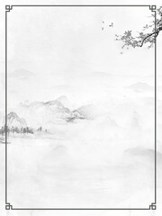 Chinese ancient style ink landscape crane background fine brushwork shading illustration design material